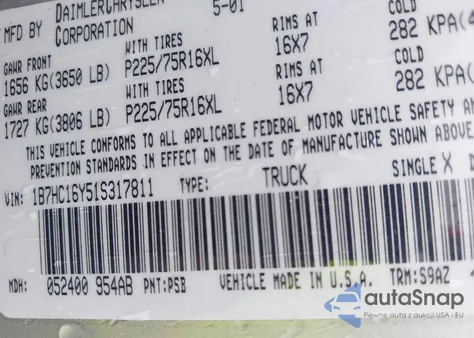 2001 Dodge Ram 1500 St from USA, damaged, VIN 1B7HC16Y51S317811